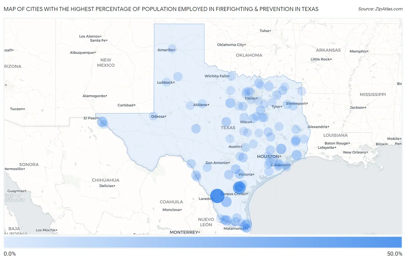 Cities with the Highest Percentage of Population Employed in Firefighting & Prevention in Texas Map