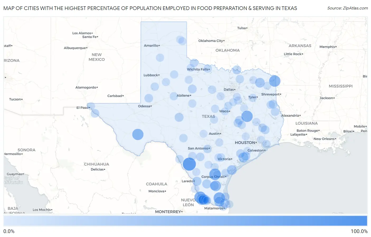 Cities with the Highest Percentage of Population Employed in Food Preparation & Serving in Texas Map