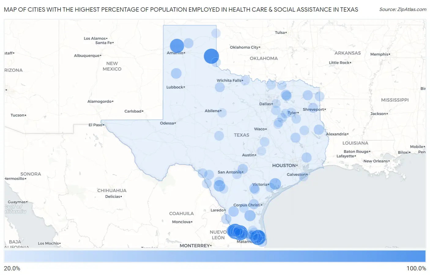 Cities with the Highest Percentage of Population Employed in Health Care & Social Assistance in Texas Map
