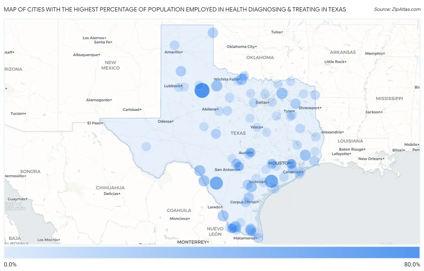 Cities with the Highest Percentage of Population Employed in Health Diagnosing & Treating in Texas Map
