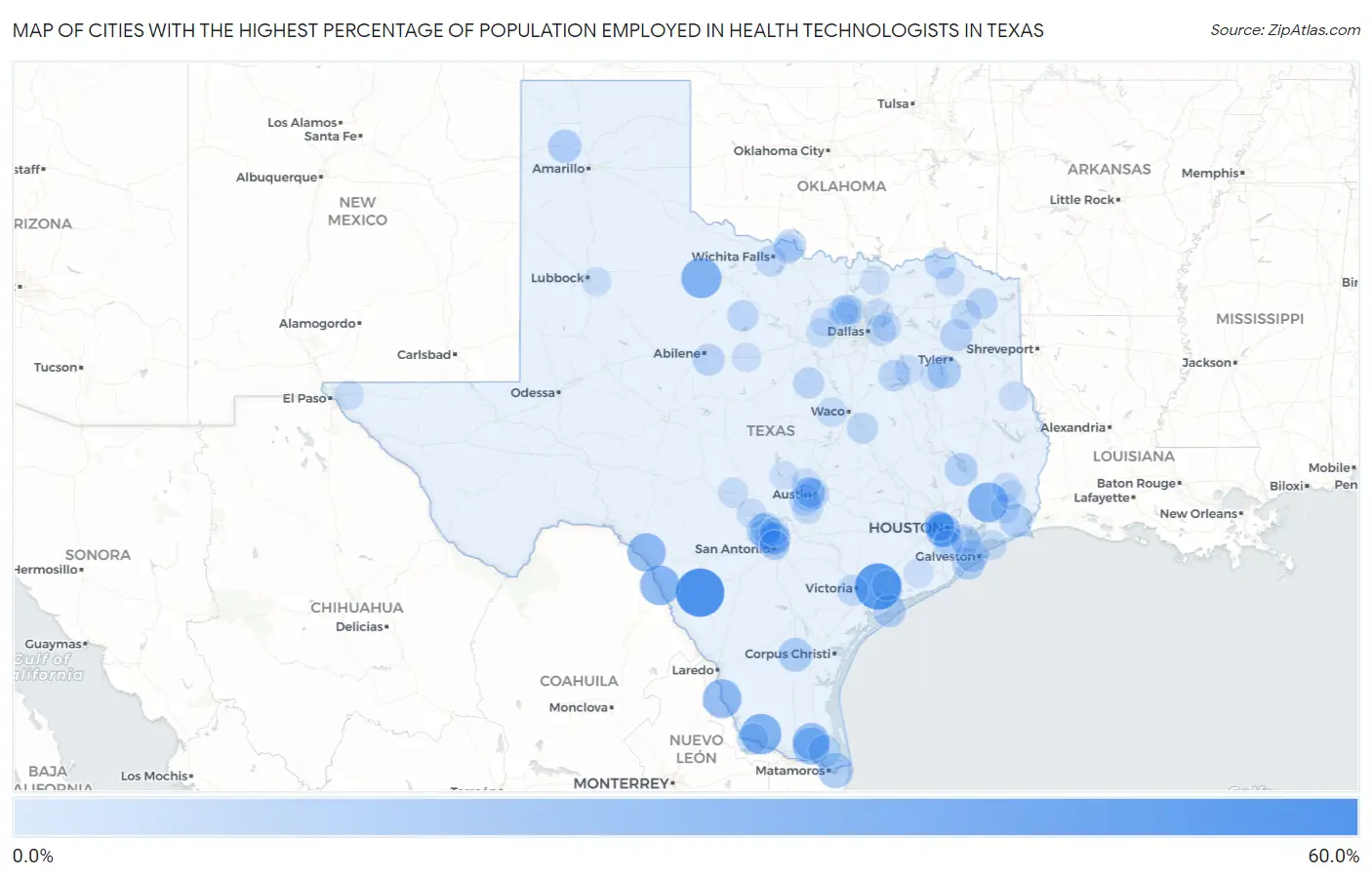 Cities with the Highest Percentage of Population Employed in Health Technologists in Texas Map