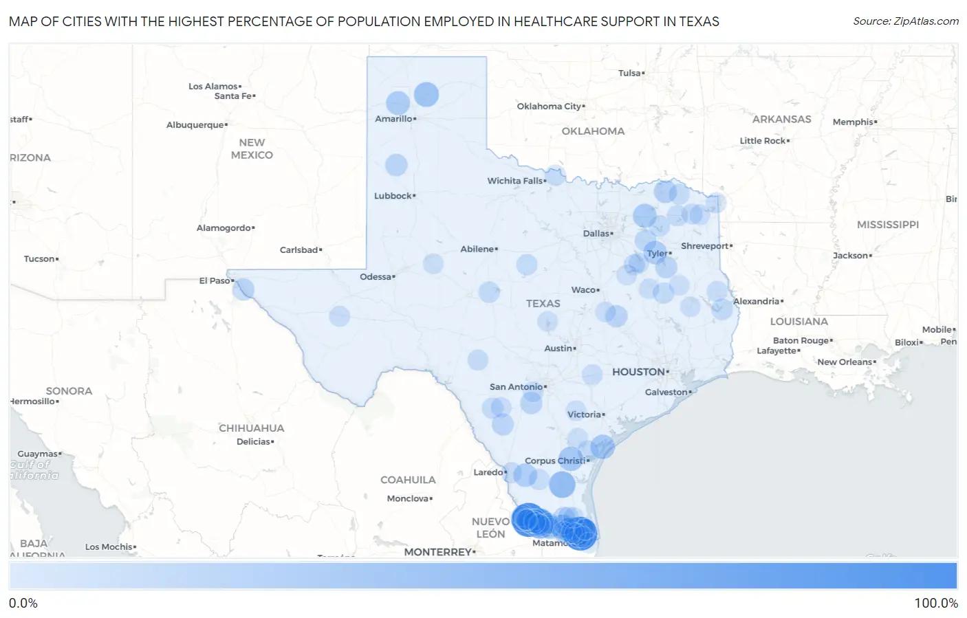 Cities with the Highest Percentage of Population Employed in Healthcare Support in Texas Map