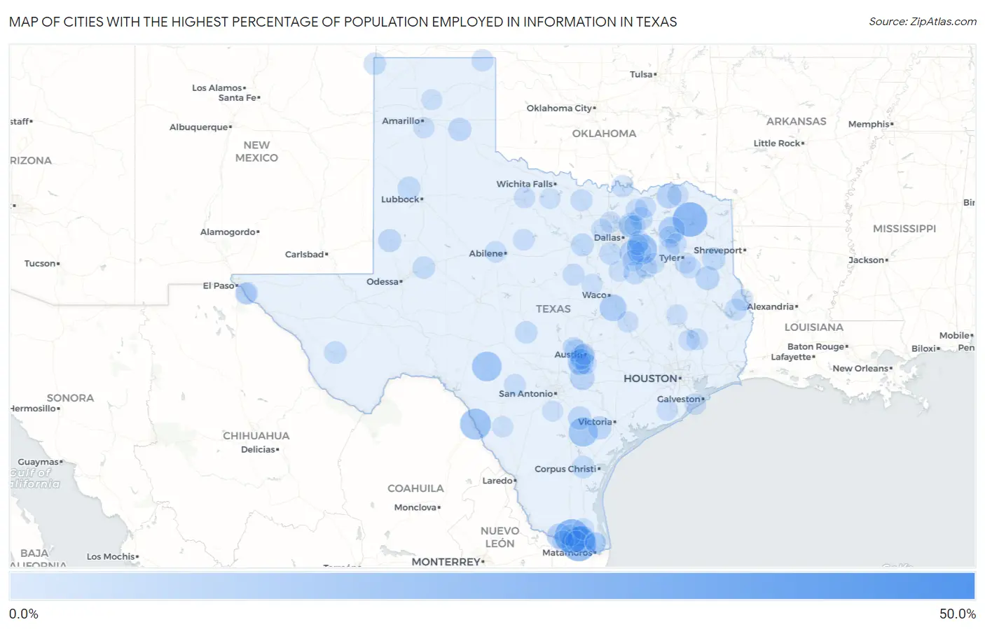 Cities with the Highest Percentage of Population Employed in Information in Texas Map