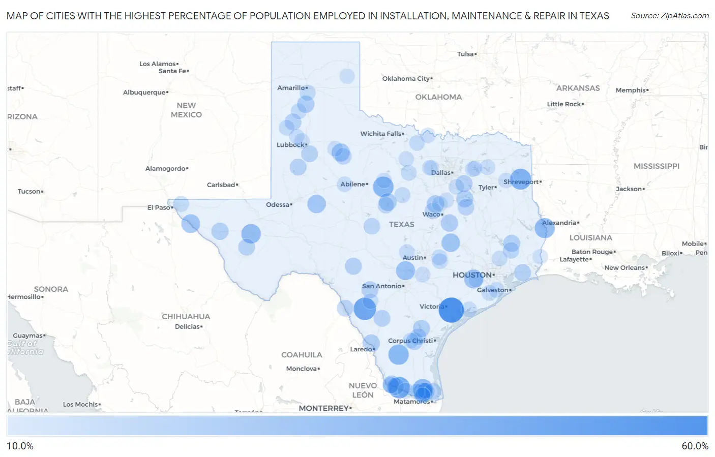 Cities with the Highest Percentage of Population Employed in Installation, Maintenance & Repair in Texas Map