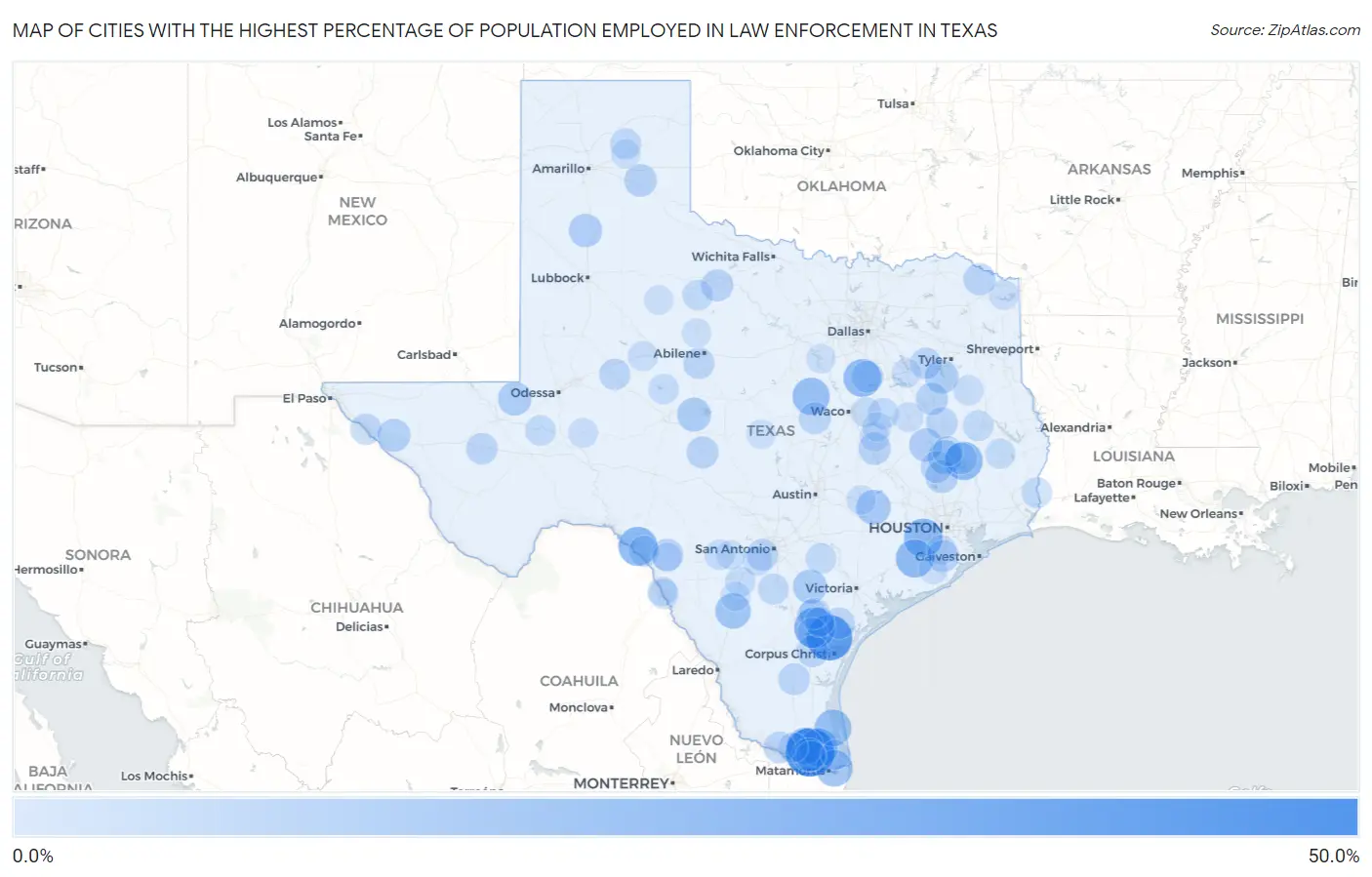 Cities with the Highest Percentage of Population Employed in Law Enforcement in Texas Map