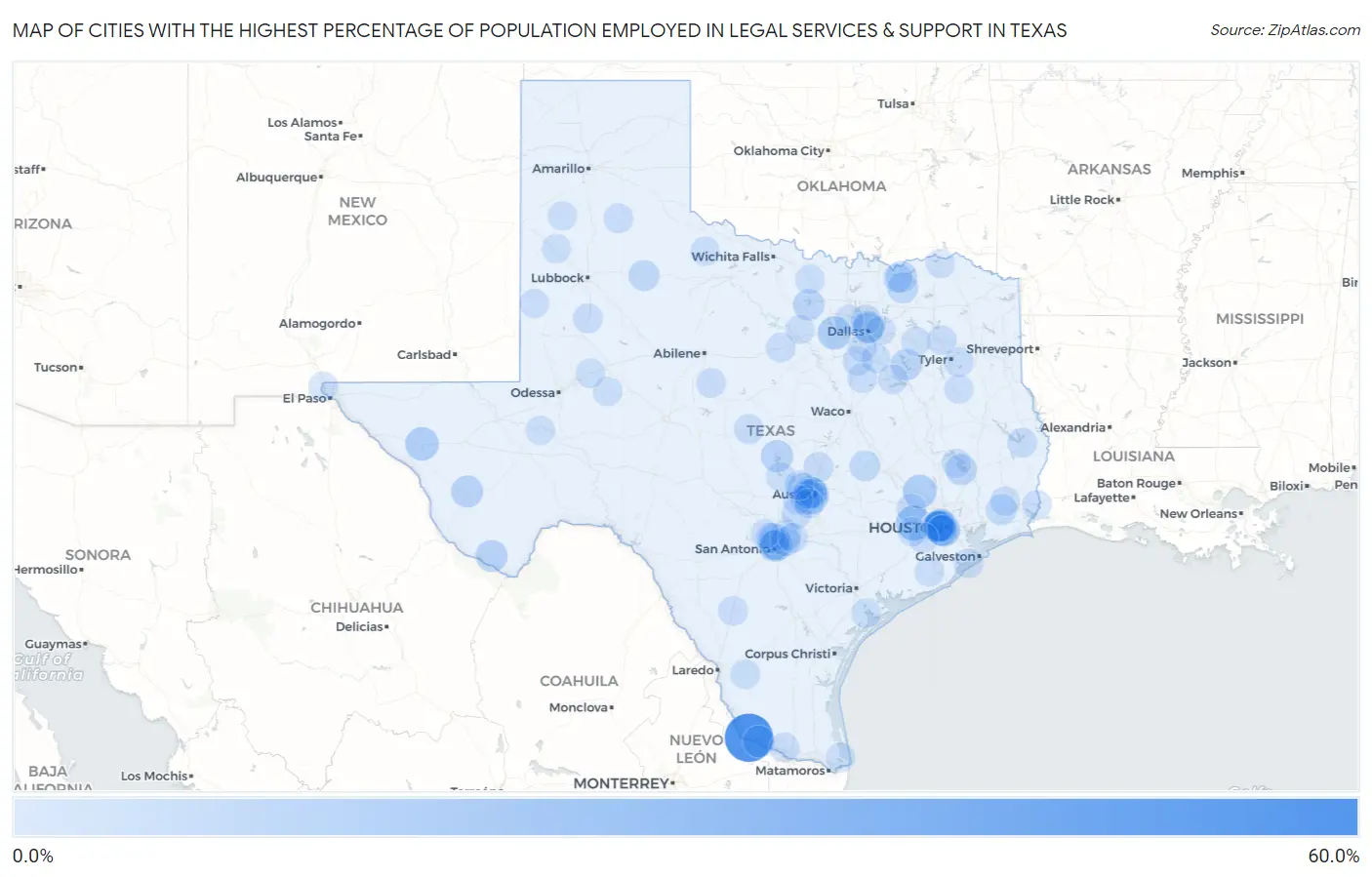 Cities with the Highest Percentage of Population Employed in Legal Services & Support in Texas Map