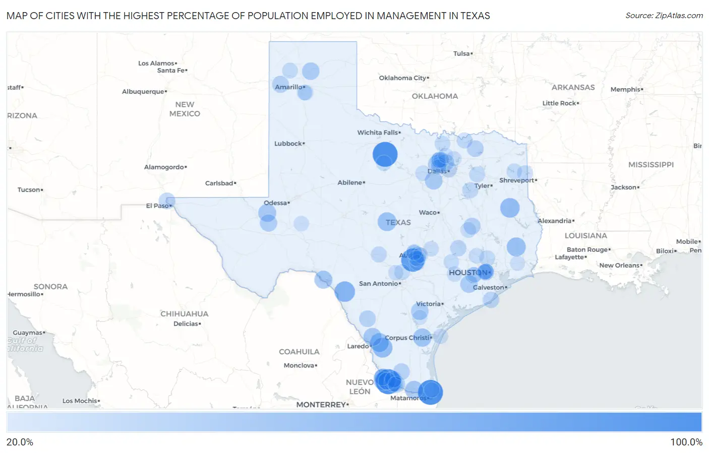 Cities with the Highest Percentage of Population Employed in Management in Texas Map