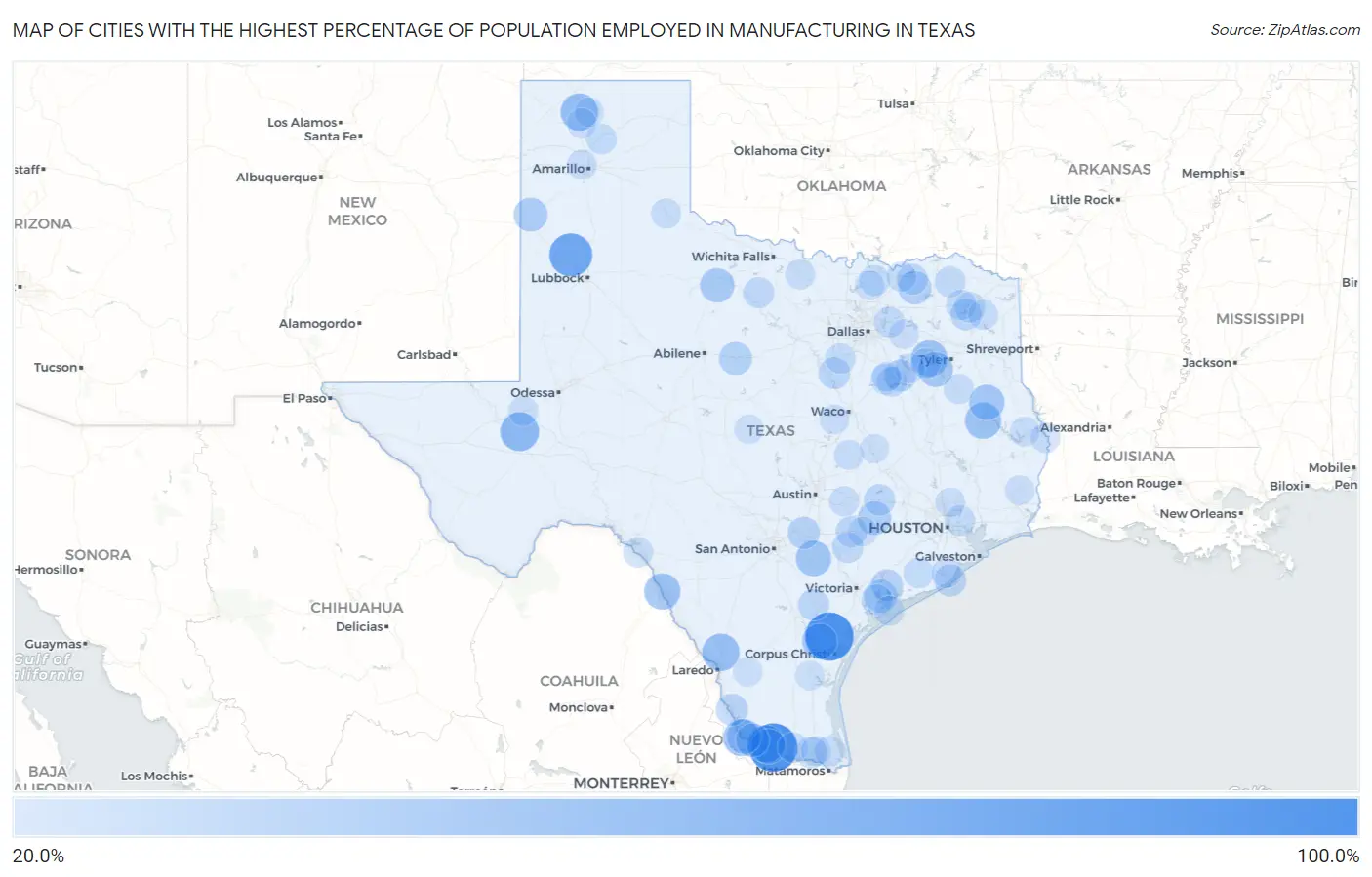 Cities with the Highest Percentage of Population Employed in Manufacturing in Texas Map