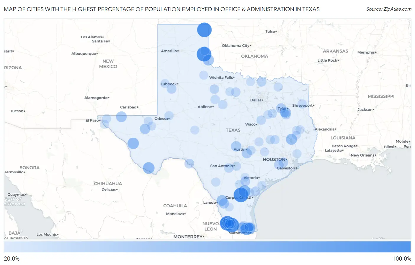 Cities with the Highest Percentage of Population Employed in Office & Administration in Texas Map