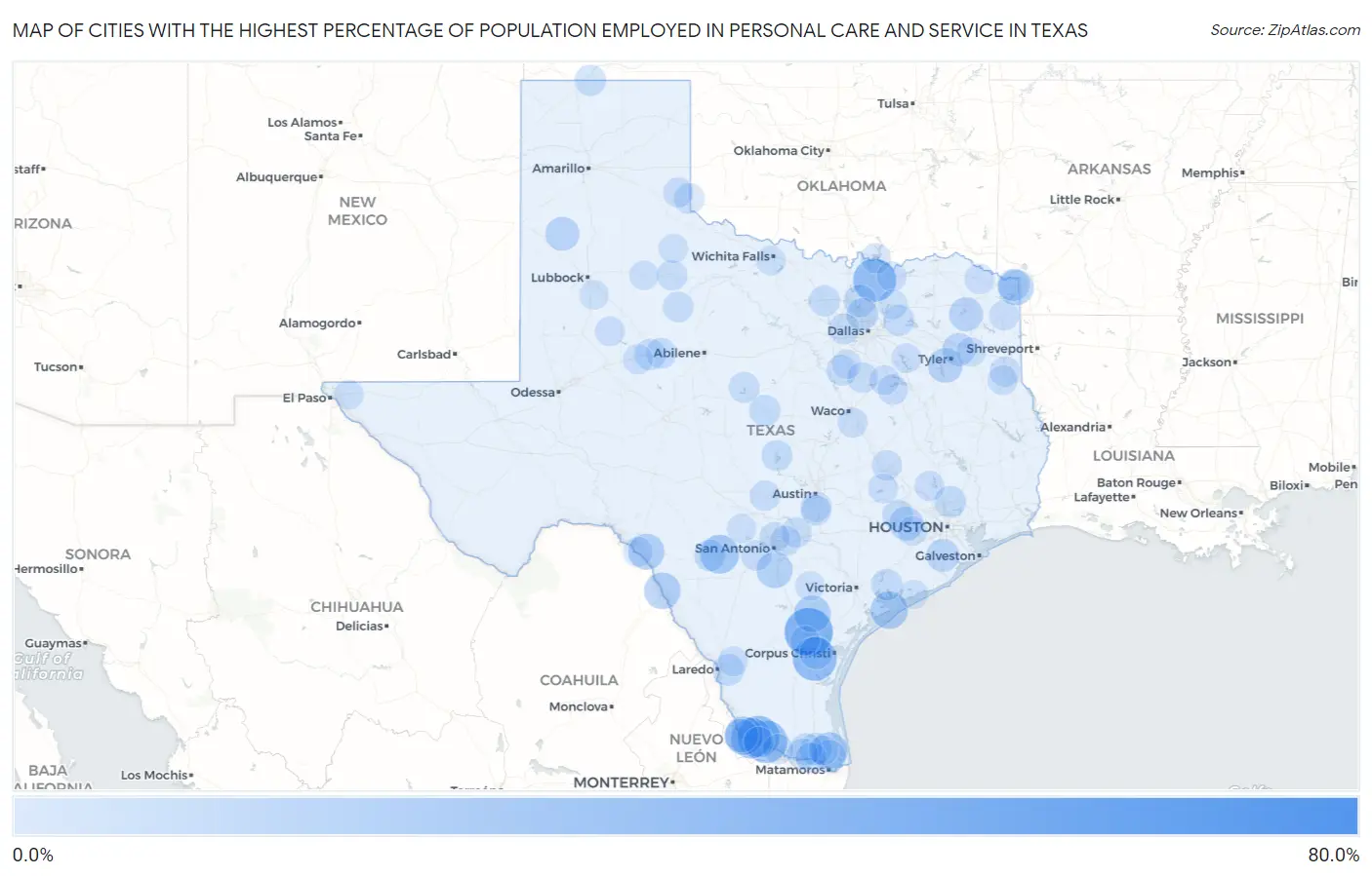 Cities with the Highest Percentage of Population Employed in Personal Care and Service in Texas Map
