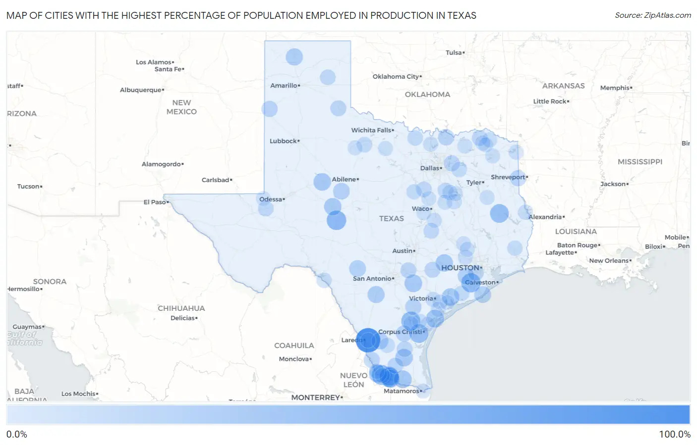 Cities with the Highest Percentage of Population Employed in Production in Texas Map