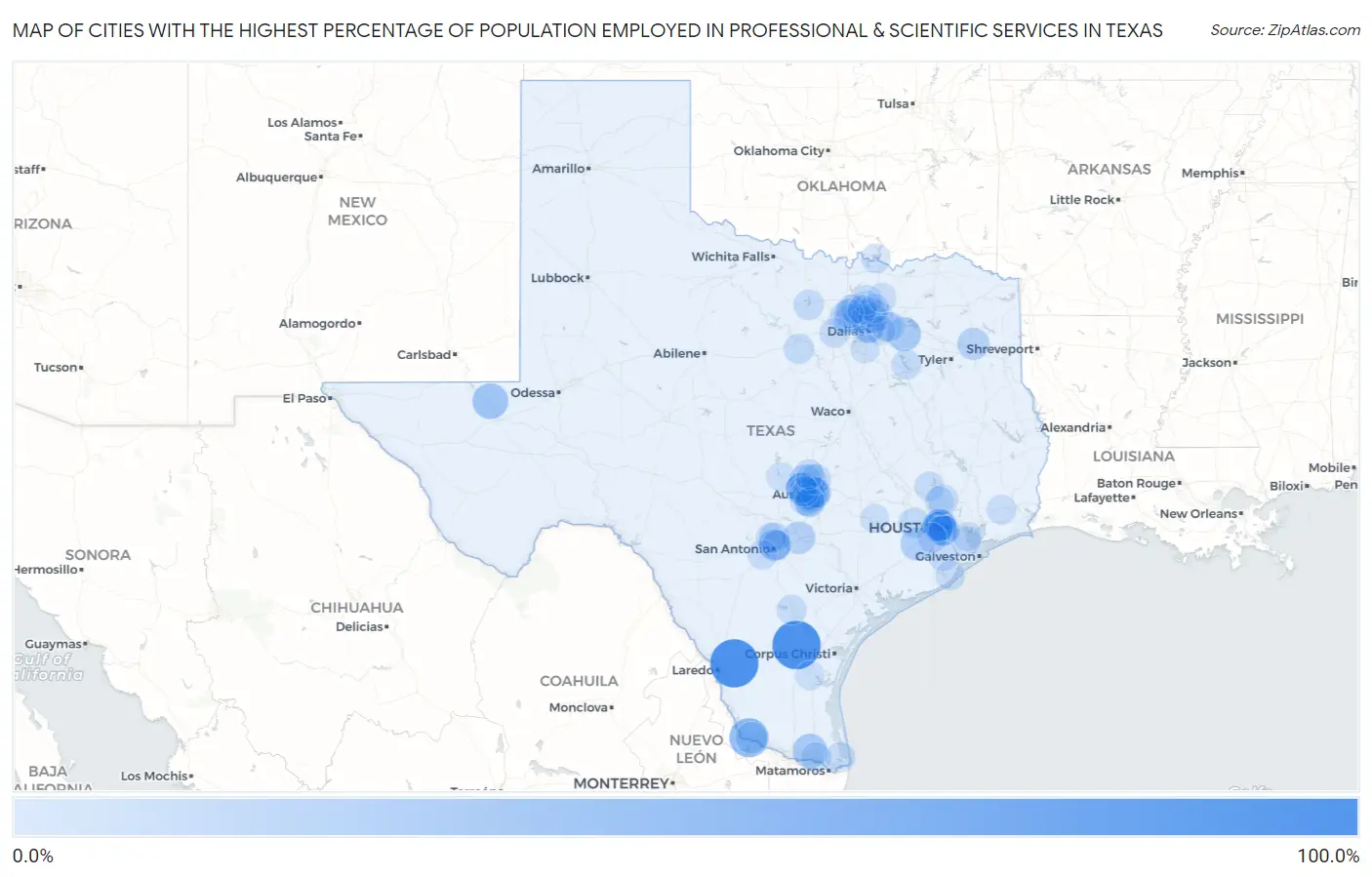Cities with the Highest Percentage of Population Employed in Professional & Scientific Services in Texas Map