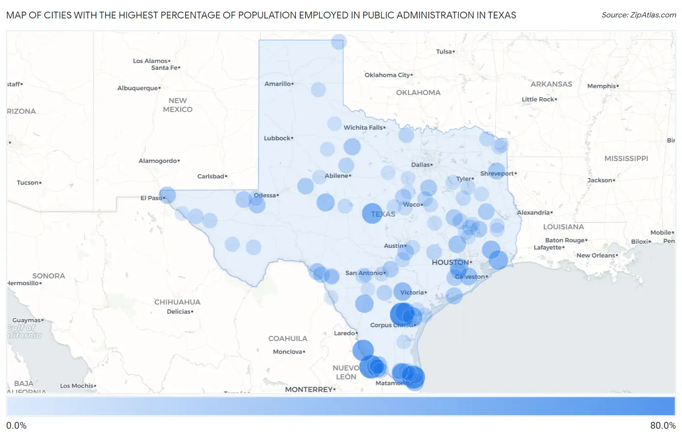 Cities with the Highest Percentage of Population Employed in Public Administration in Texas Map