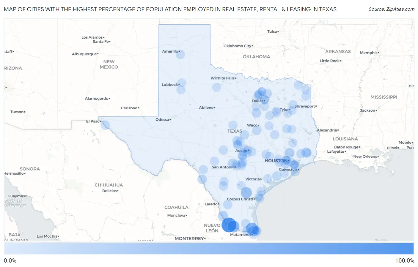 Cities with the Highest Percentage of Population Employed in Real Estate, Rental & Leasing in Texas Map