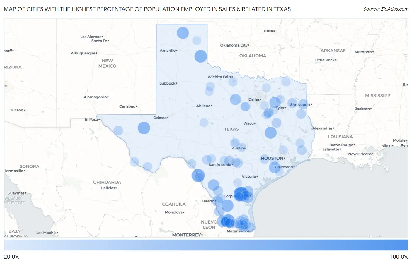 Cities with the Highest Percentage of Population Employed in Sales & Related in Texas Map