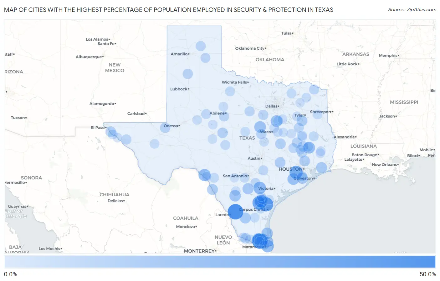 Cities with the Highest Percentage of Population Employed in Security & Protection in Texas Map