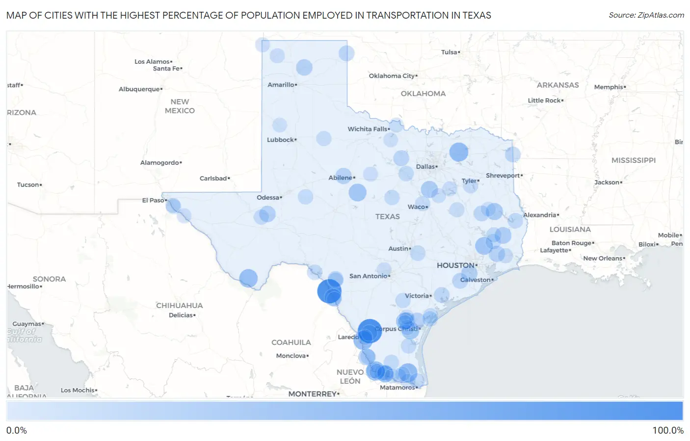 Cities with the Highest Percentage of Population Employed in Transportation in Texas Map