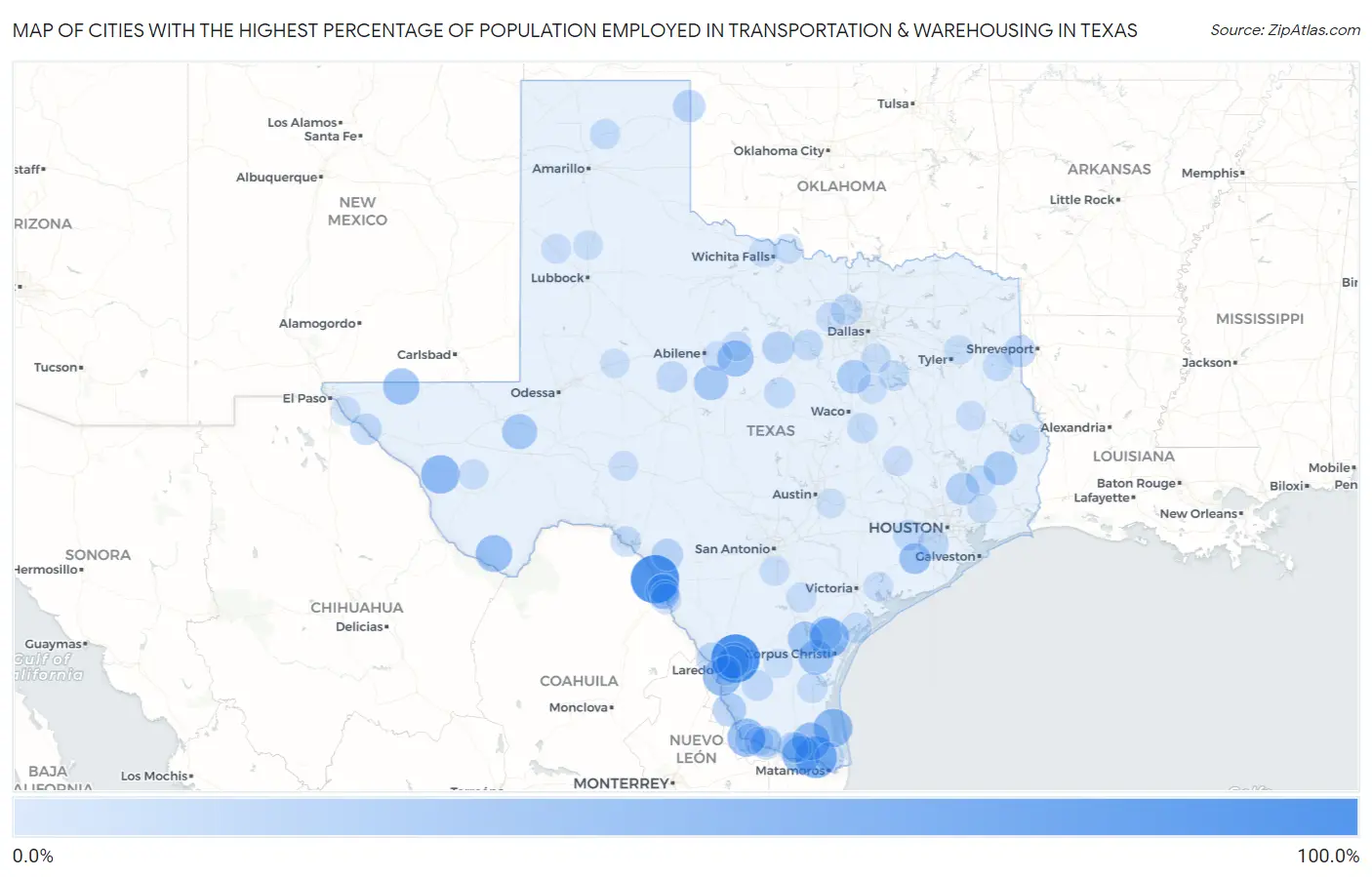 Cities with the Highest Percentage of Population Employed in Transportation & Warehousing in Texas Map
