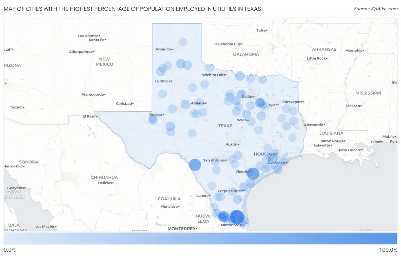 Cities with the Highest Percentage of Population Employed in Utilities in Texas Map