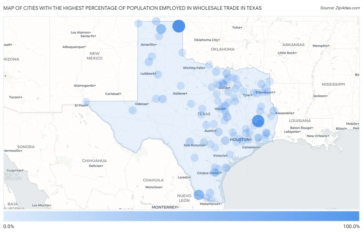 Cities with the Highest Percentage of Population Employed in Wholesale Trade in Texas Map