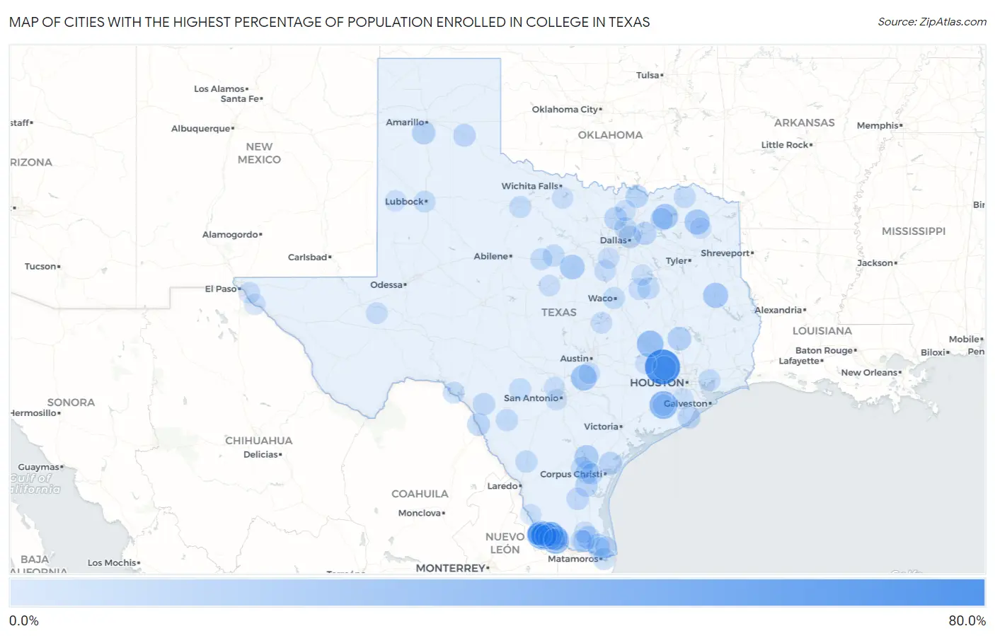 Cities with the Highest Percentage of Population Enrolled in College in Texas Map
