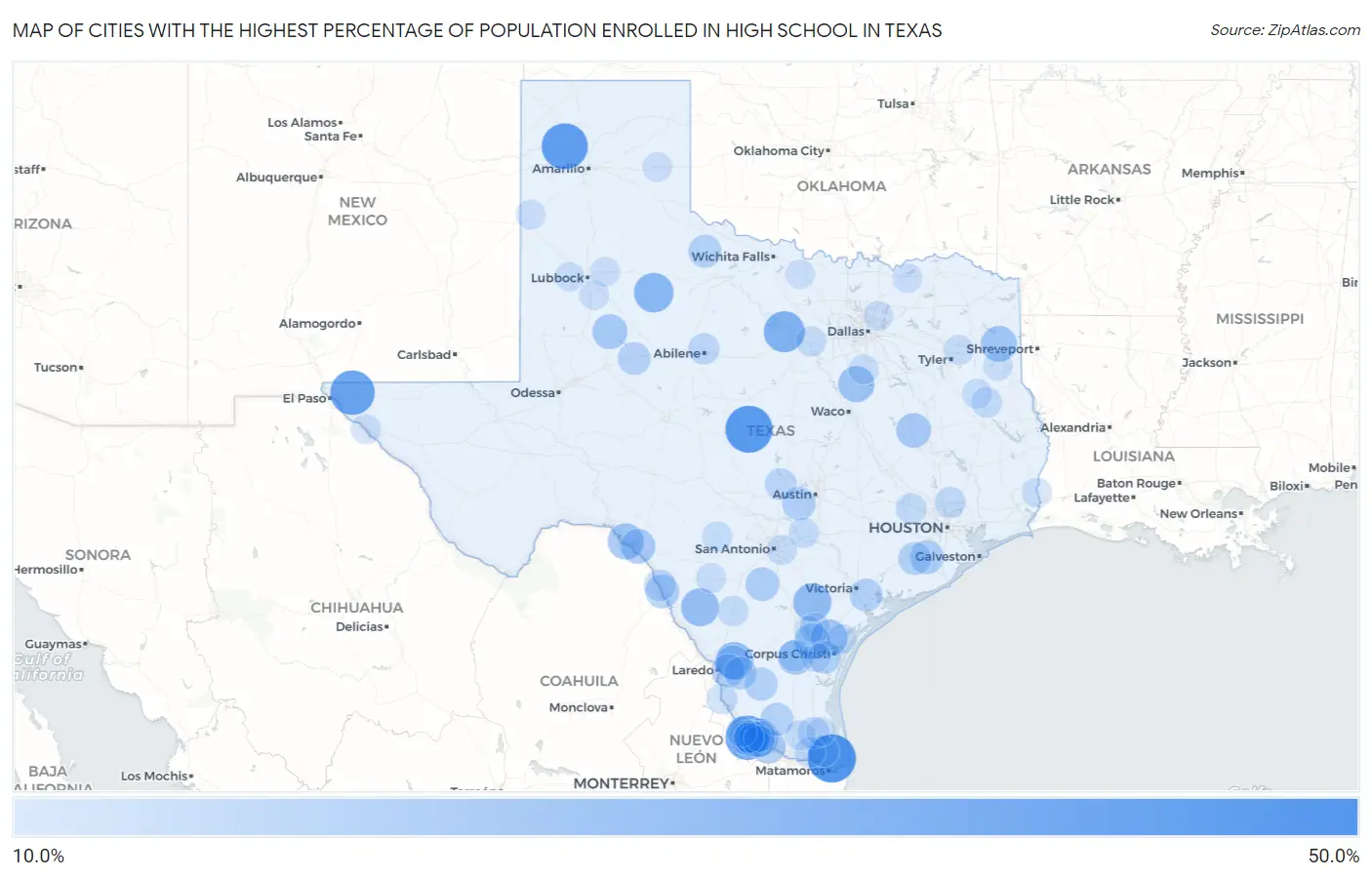 Cities with the Highest Percentage of Population Enrolled in High School in Texas Map