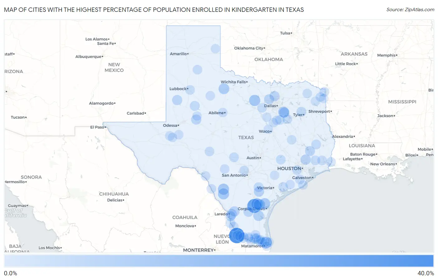 Cities with the Highest Percentage of Population Enrolled in Kindergarten in Texas Map