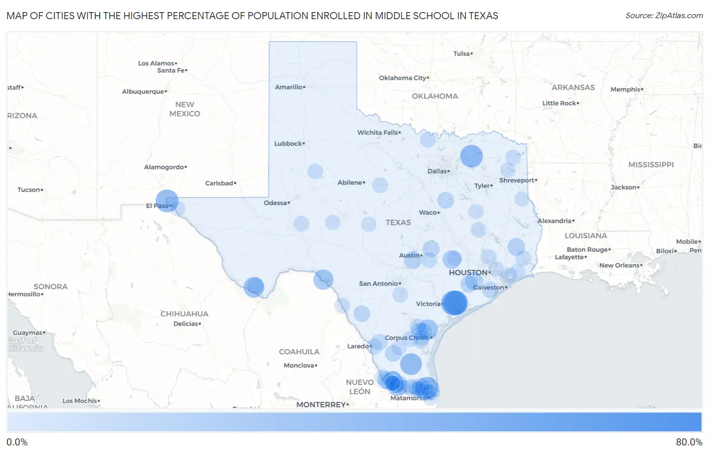 Cities with the Highest Percentage of Population Enrolled in Middle School in Texas Map