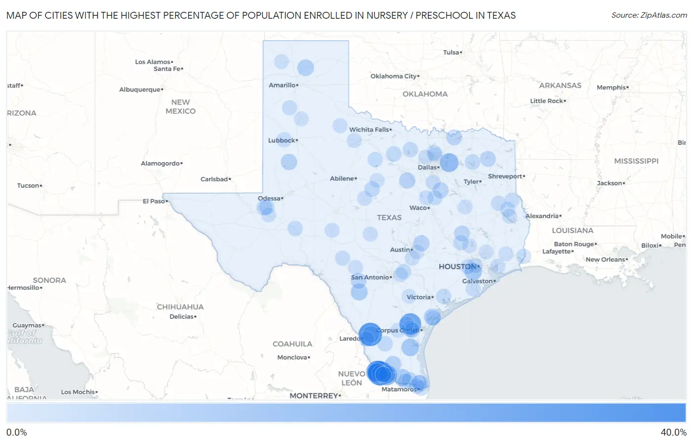 Cities with the Highest Percentage of Population Enrolled in Nursery / Preschool in Texas Map