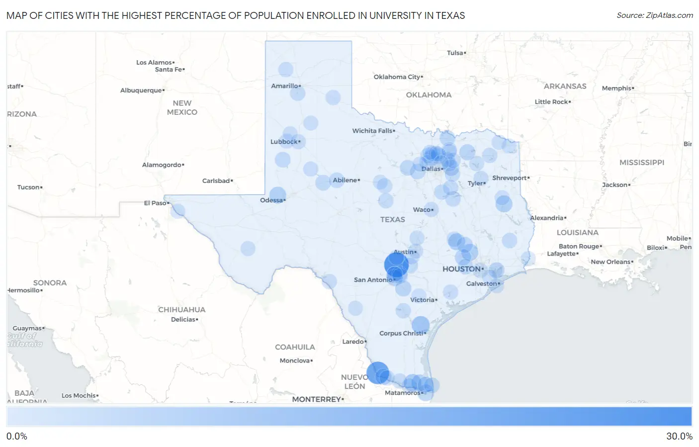 Cities with the Highest Percentage of Population Enrolled in University in Texas Map
