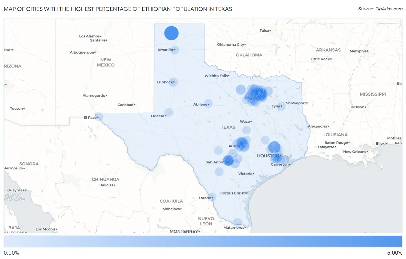 Cities with the Highest Percentage of Ethiopian Population in Texas Map
