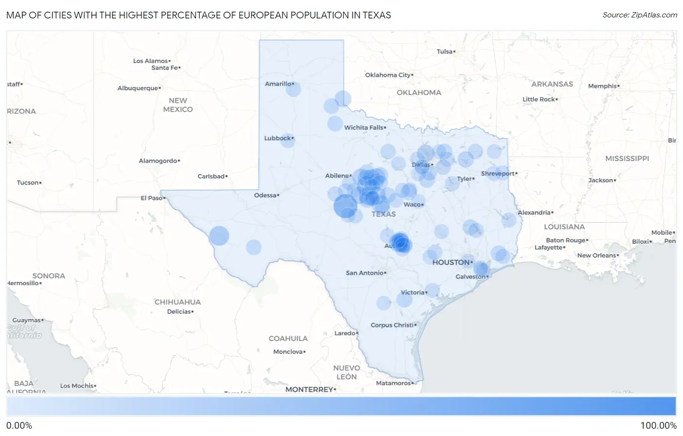 Cities with the Highest Percentage of European Population in Texas Map