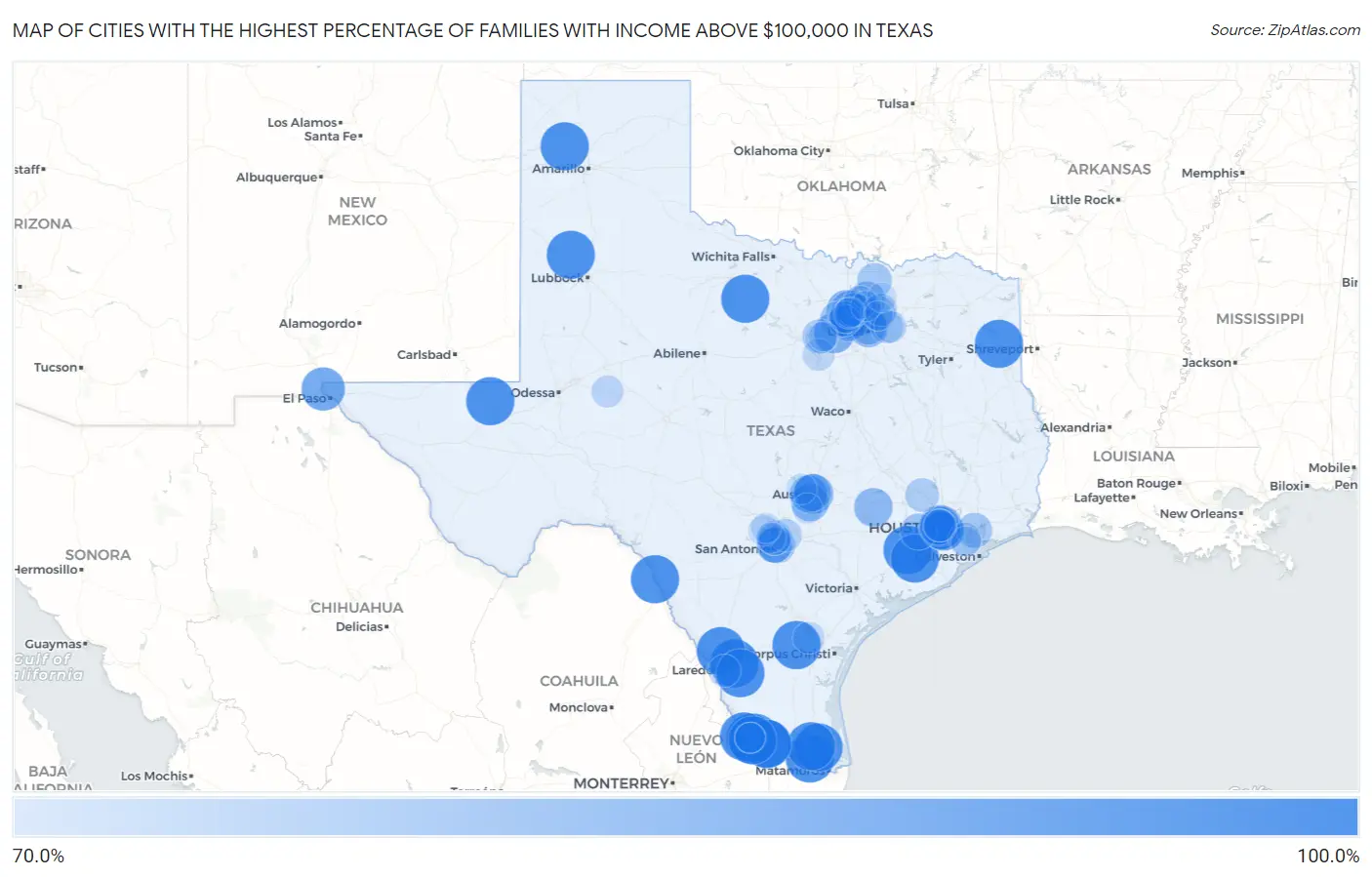 Cities with the Highest Percentage of Families with Income Above $100,000 in Texas Map