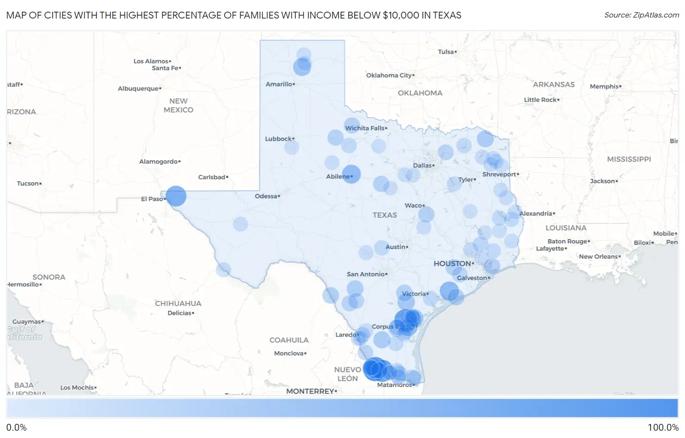Cities with the Highest Percentage of Families with Income Below $10,000 in Texas Map