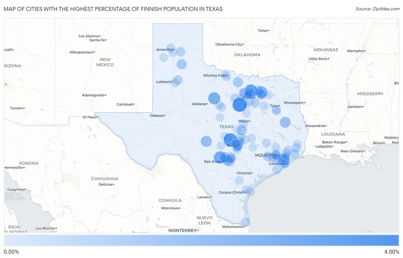 Cities with the Highest Percentage of Finnish Population in Texas Map