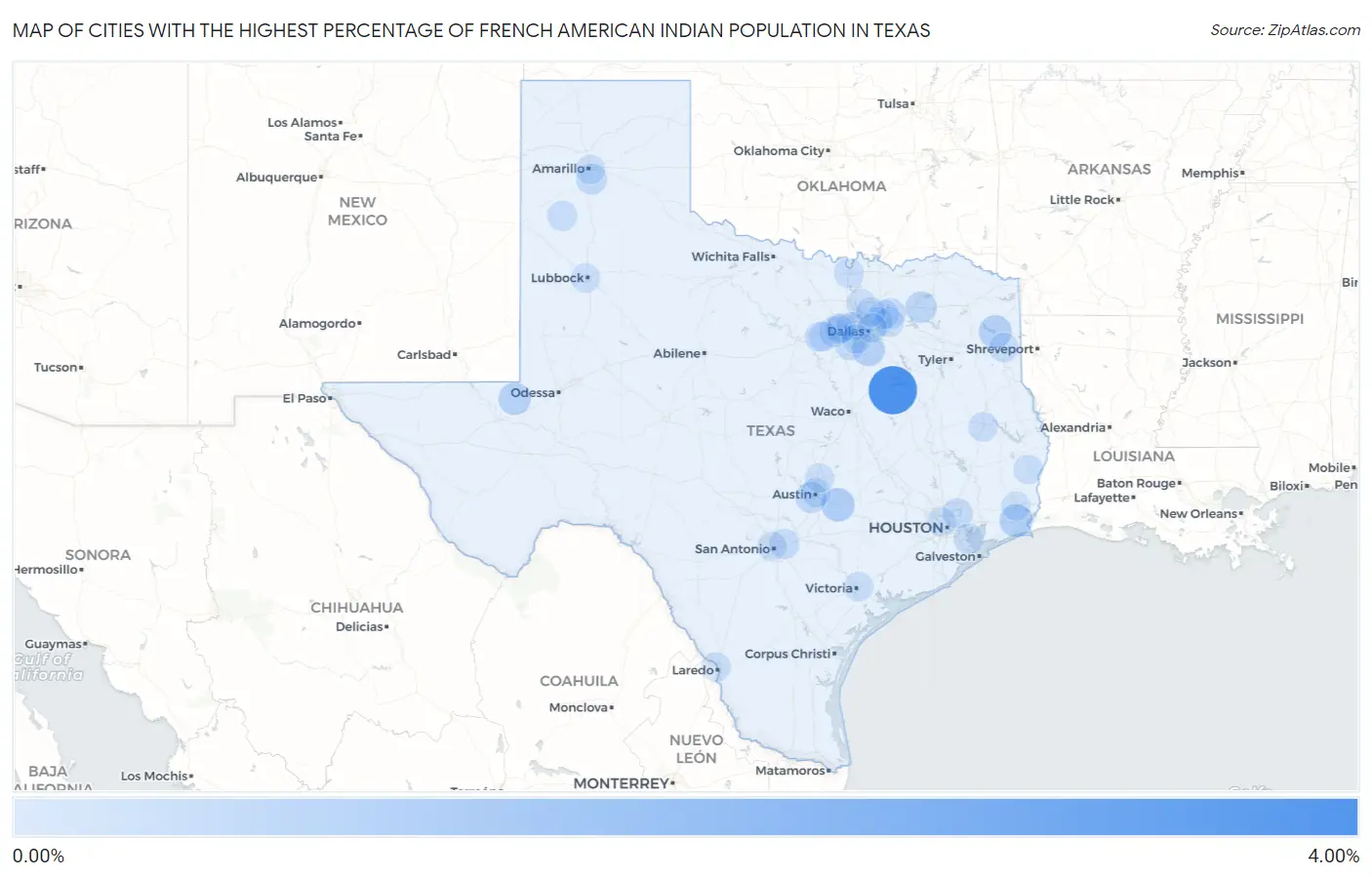 Cities with the Highest Percentage of French American Indian Population in Texas Map