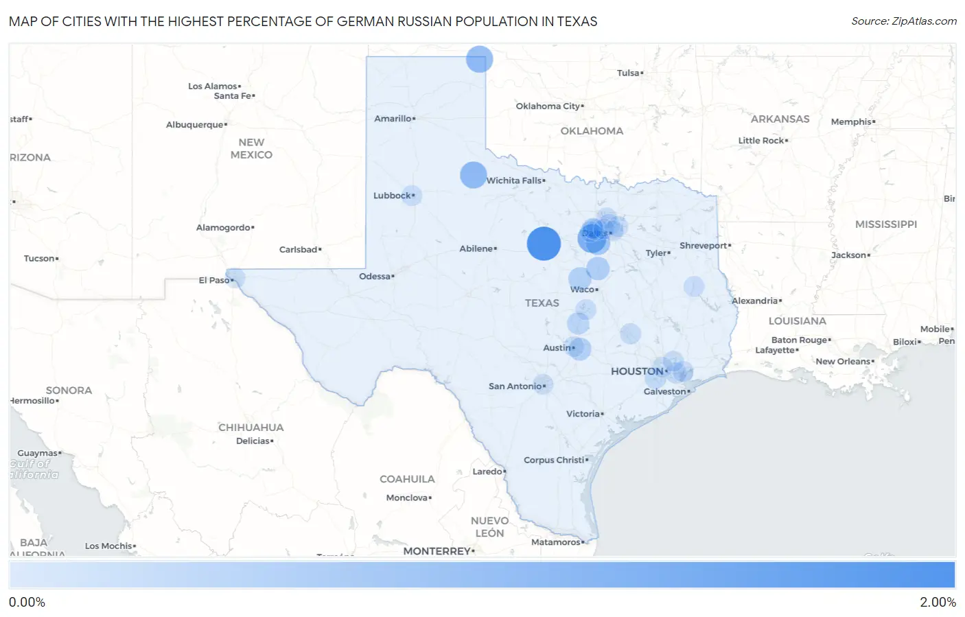 Cities with the Highest Percentage of German Russian Population in Texas Map