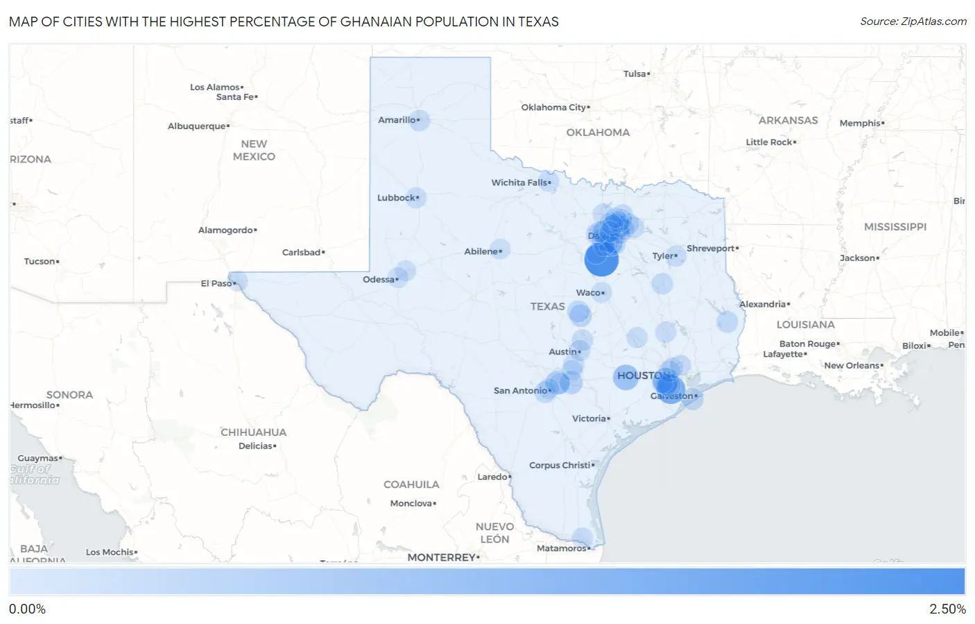 Cities with the Highest Percentage of Ghanaian Population in Texas Map