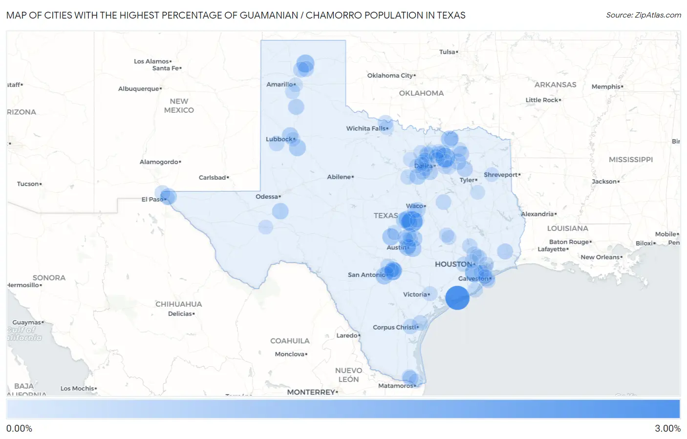 Cities with the Highest Percentage of Guamanian / Chamorro Population in Texas Map