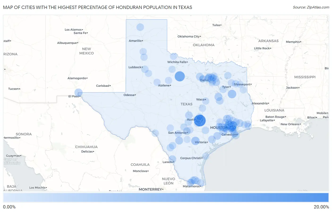 Cities with the Highest Percentage of Honduran Population in Texas Map