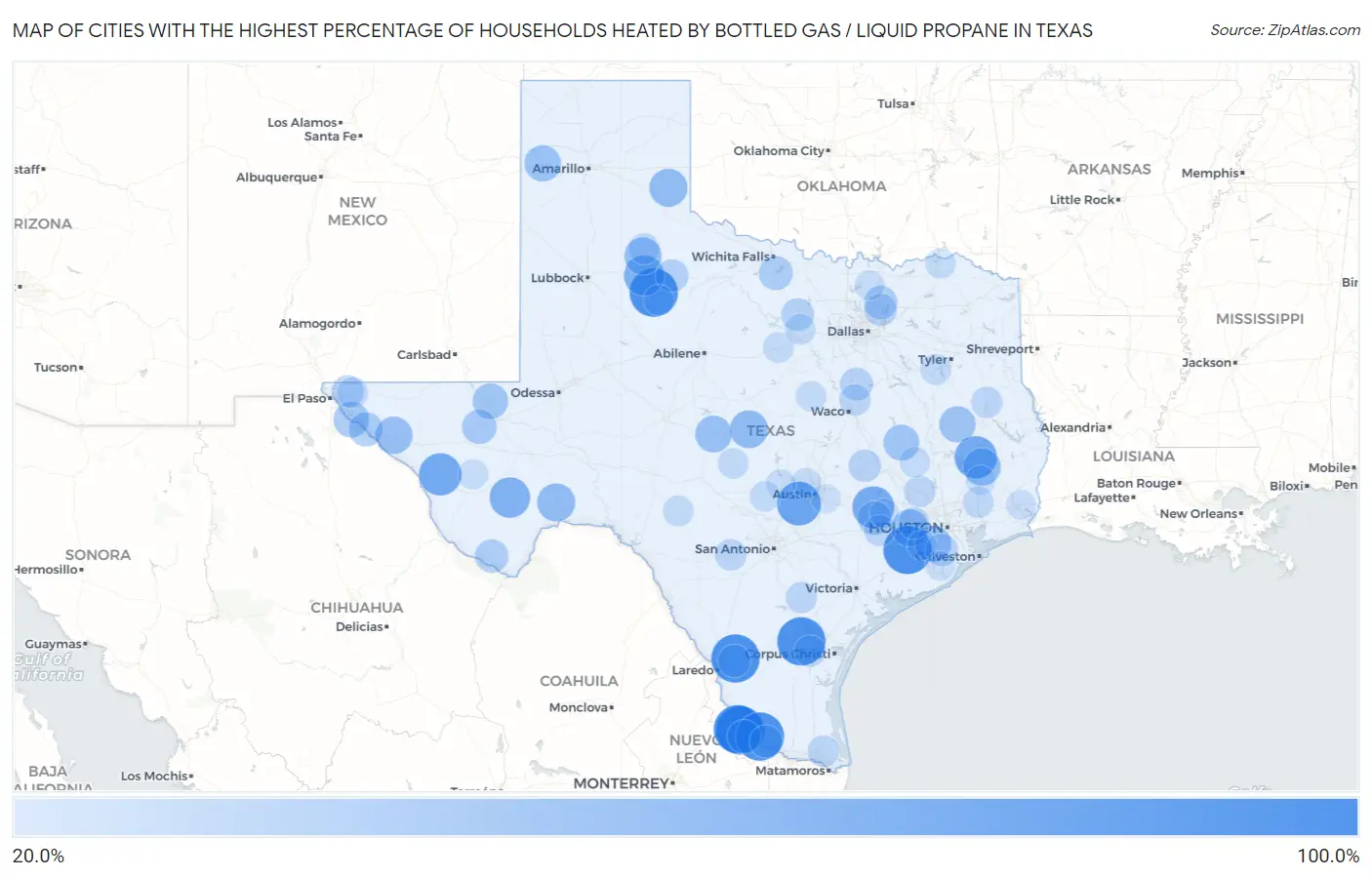 Cities with the Highest Percentage of Households Heated by Bottled Gas / Liquid Propane in Texas Map