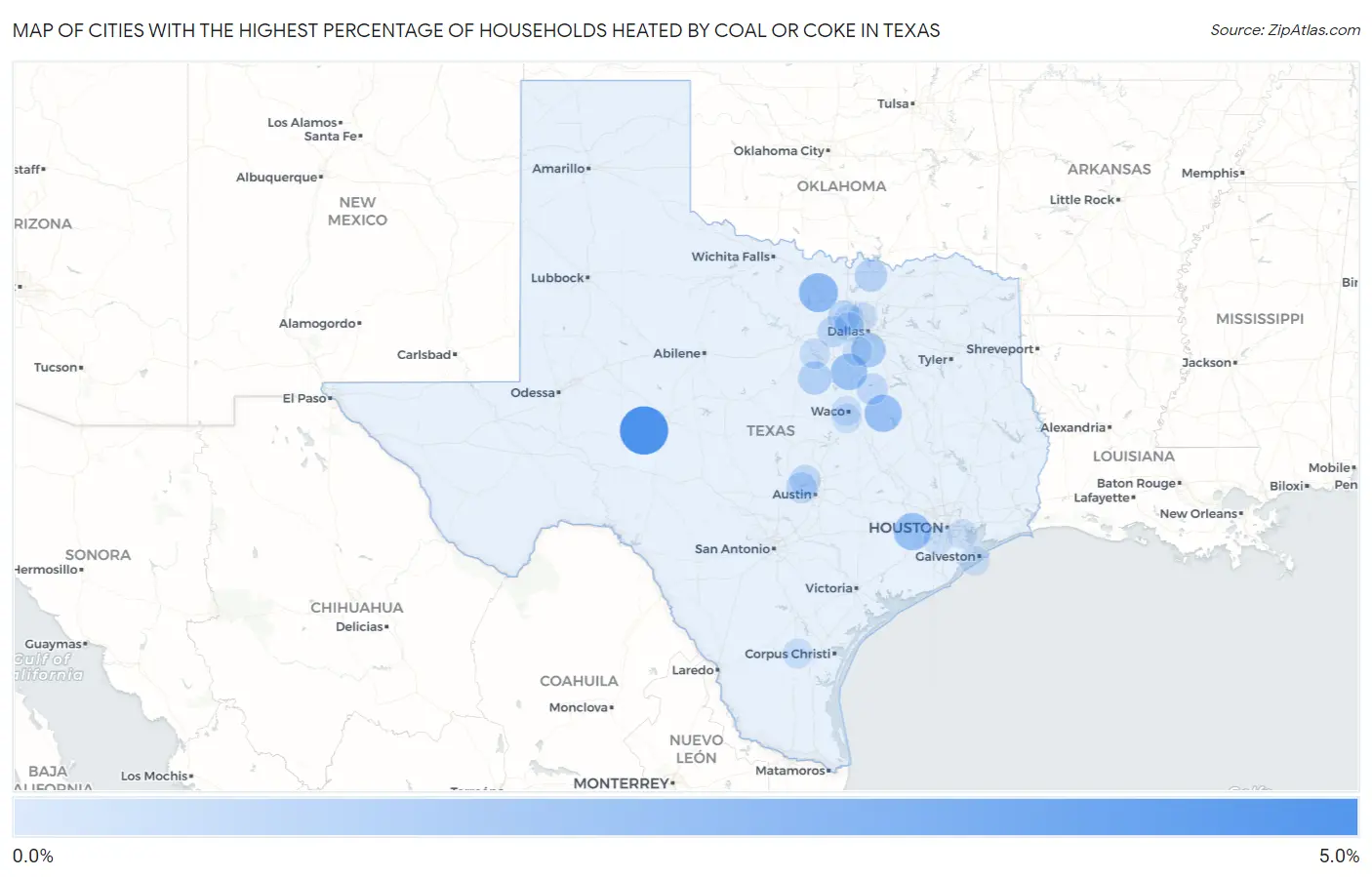 Cities with the Highest Percentage of Households Heated by Coal or Coke in Texas Map