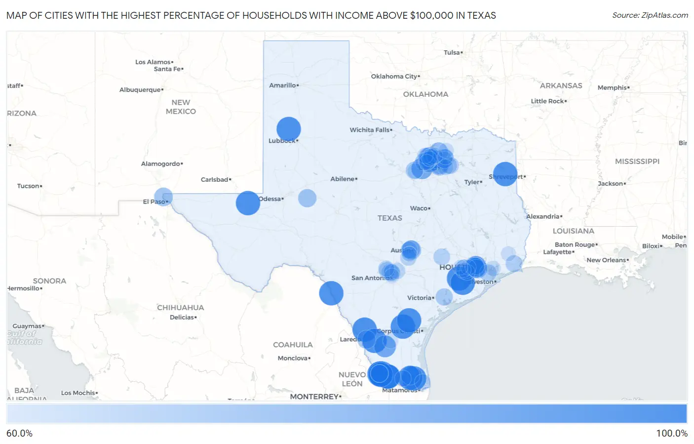 Cities with the Highest Percentage of Households with Income Above $100,000 in Texas Map