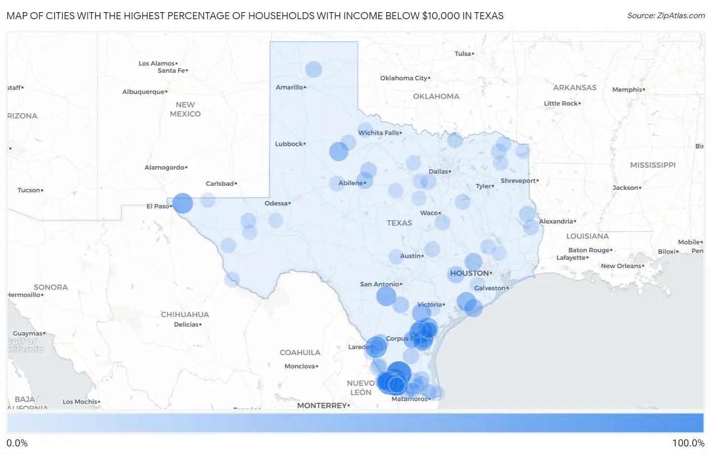 Cities with the Highest Percentage of Households with Income Below $10,000 in Texas Map