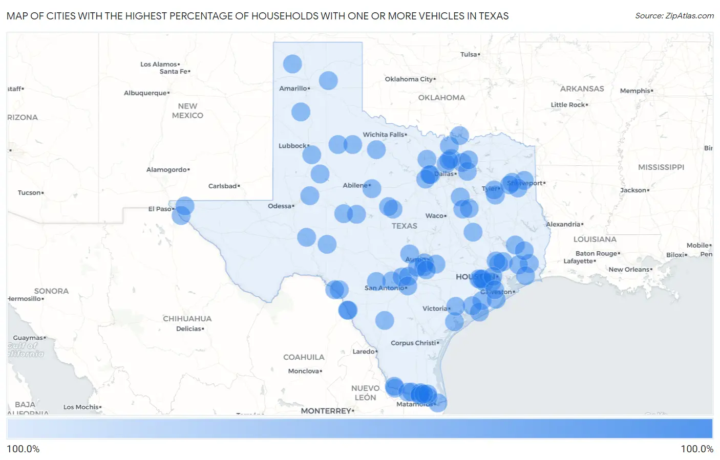 Cities with the Highest Percentage of Households With One or more Vehicles in Texas Map