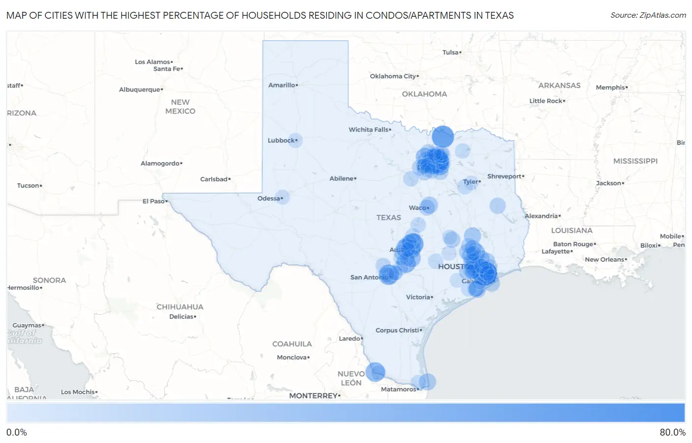 Cities with the Highest Percentage of Households Residing in Condos/Apartments in Texas Map