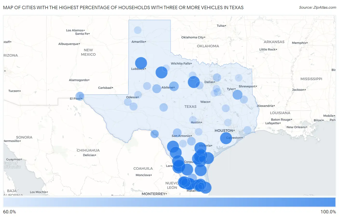 Cities with the Highest Percentage of Households With Three or more Vehicles in Texas Map