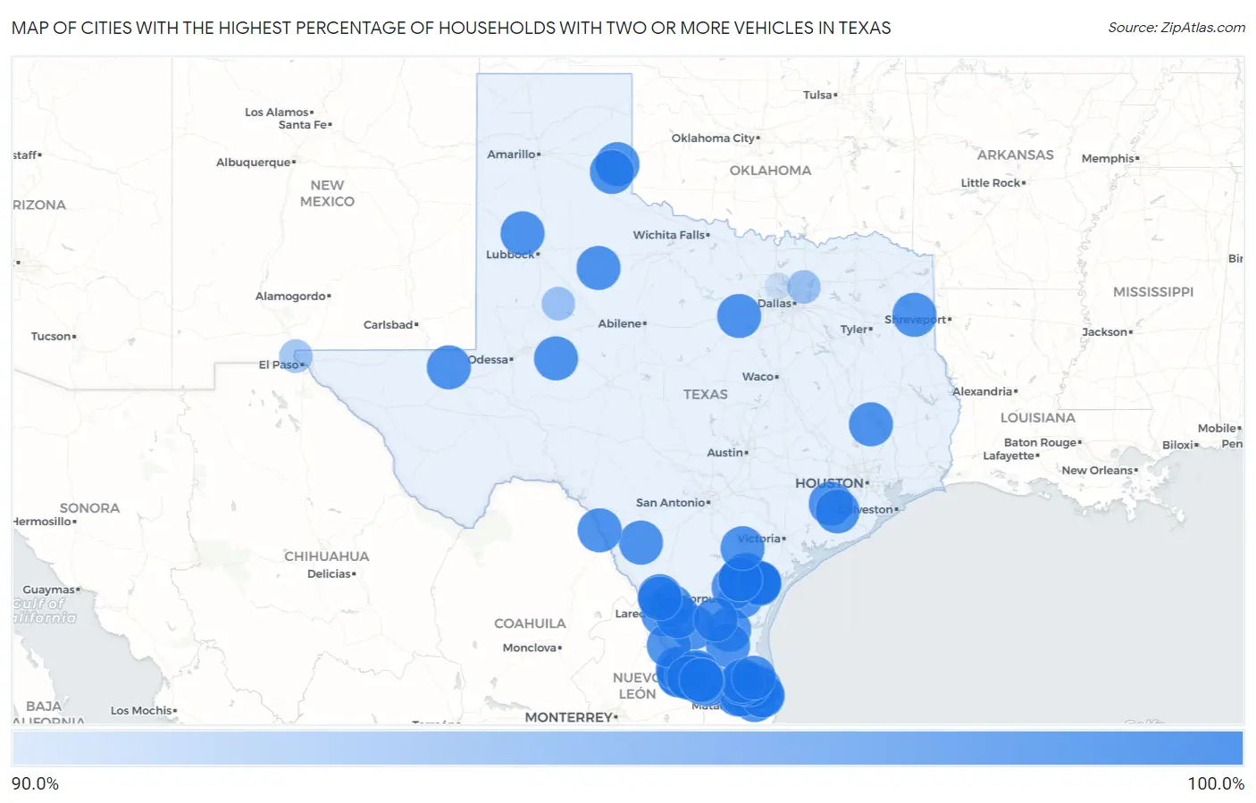 Cities with the Highest Percentage of Households With Two or more Vehicles in Texas Map