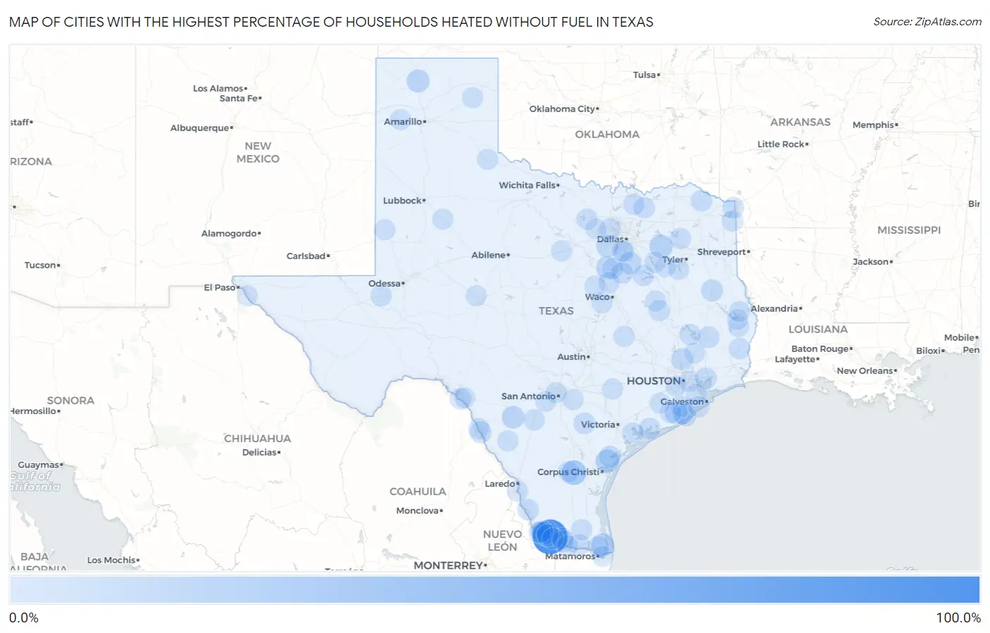 Cities with the Highest Percentage of Households Heated without Fuel in Texas Map