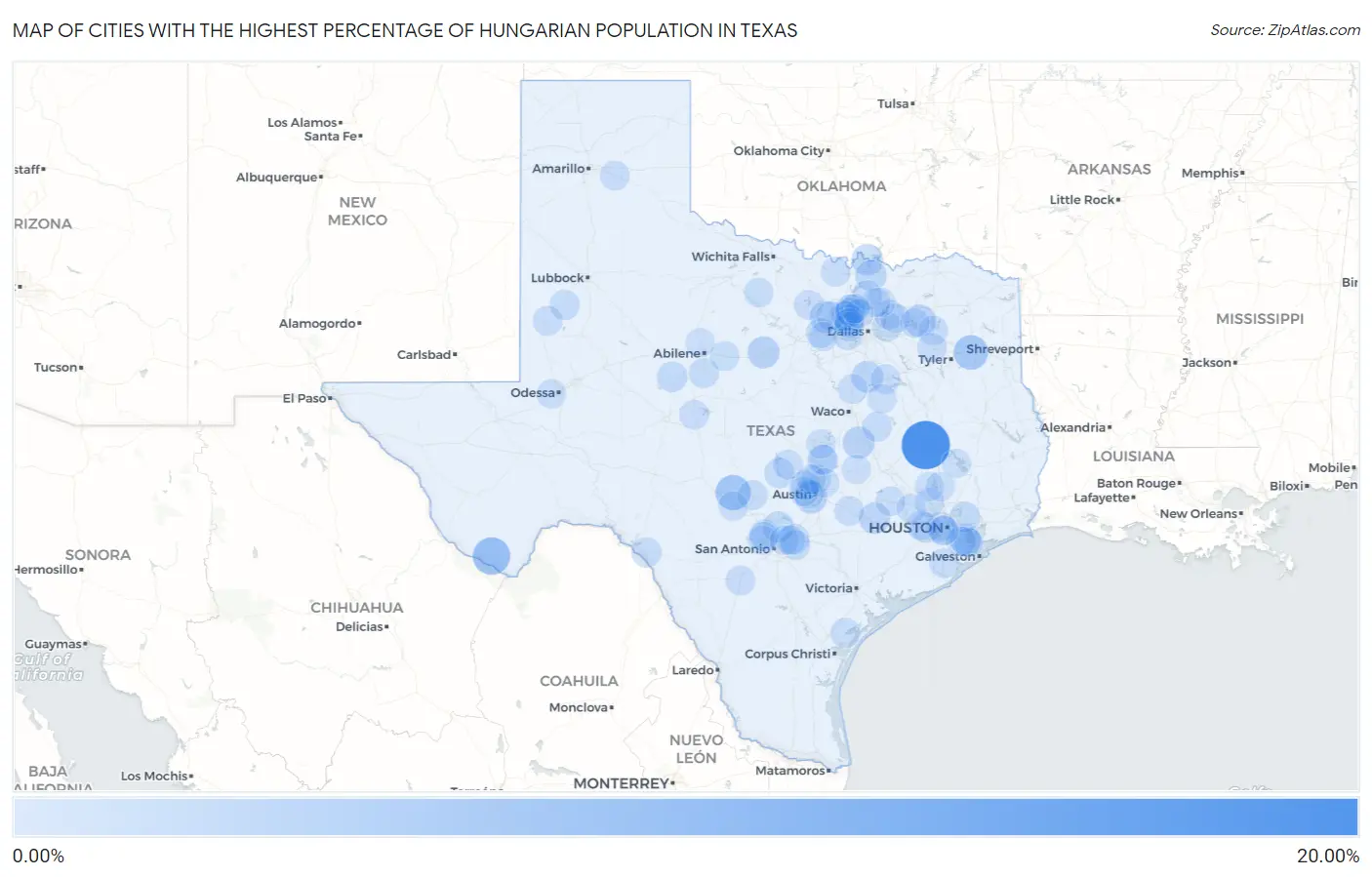 Cities with the Highest Percentage of Hungarian Population in Texas Map